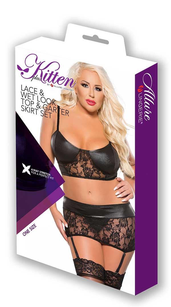 Kitten Plus Lace & Wet Look Top & Garter Skirt Set