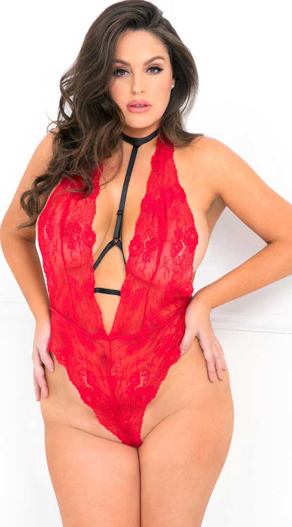 Front Focus Lace and Straps Choker Teddy