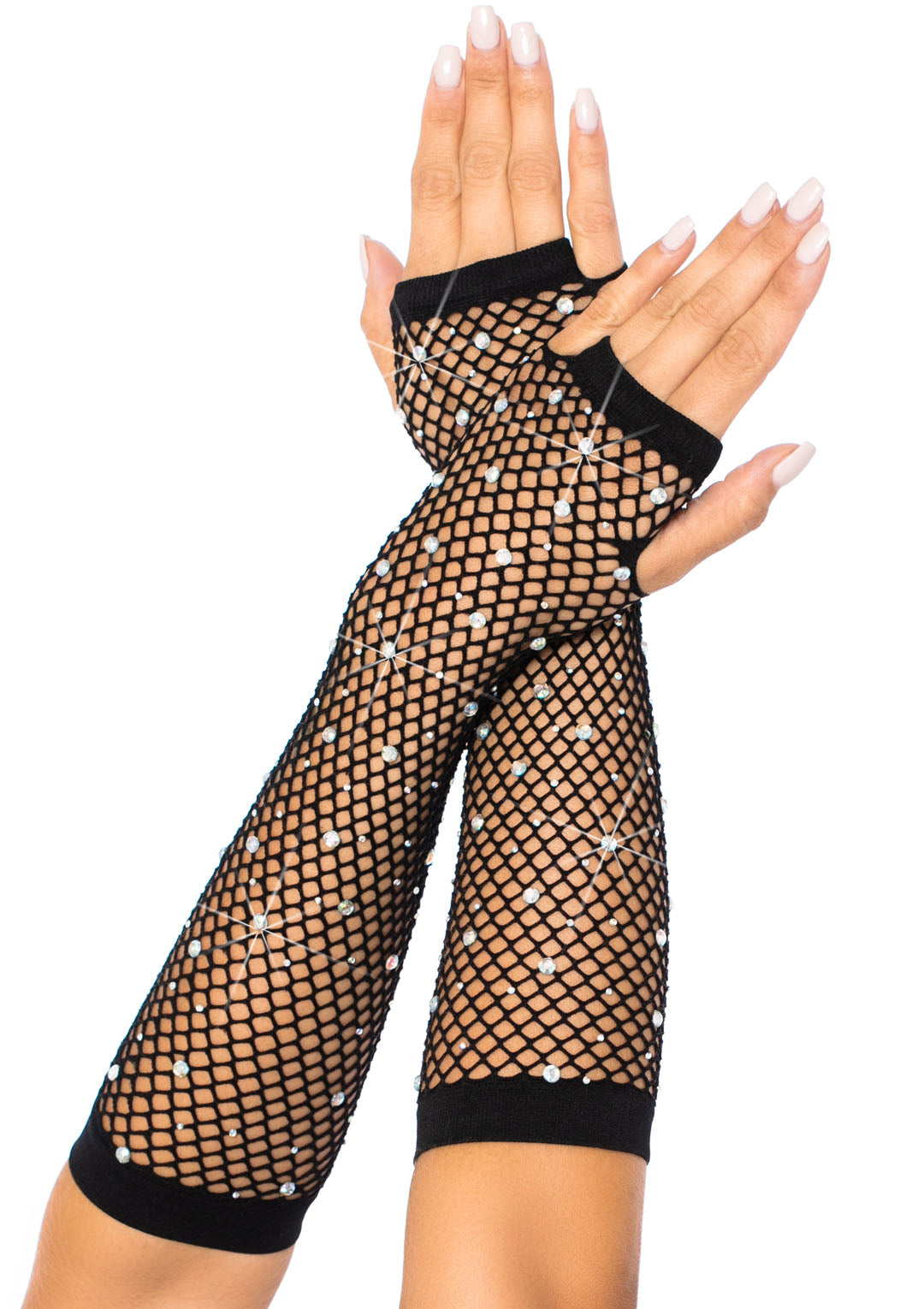 Sparkling Rhinestone Fishnet Arm Warmers for Festivals and 80's Costumes