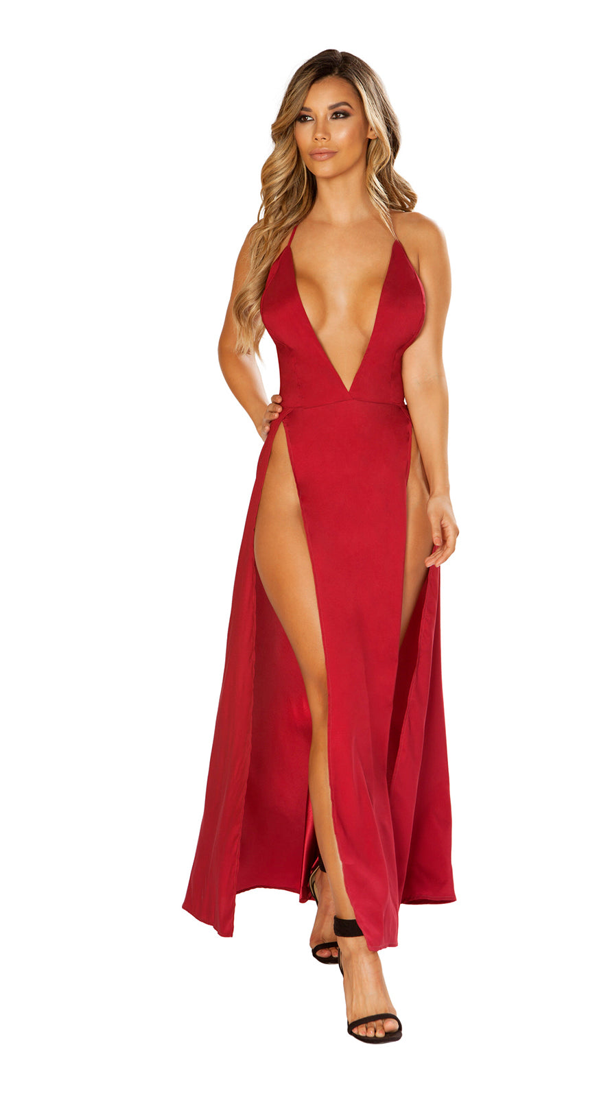 Maxi Length Satin Dress with High Slits & Deep V