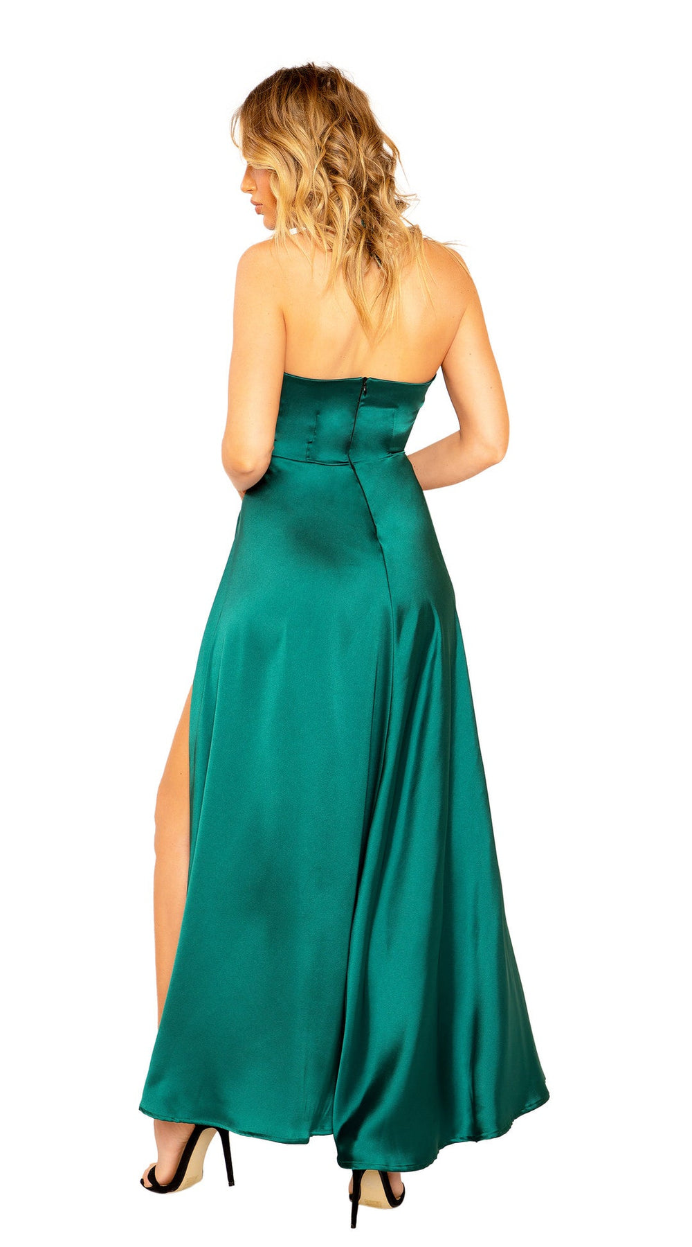 Maxi Length Satin Dress with High Slits and Deep Cut