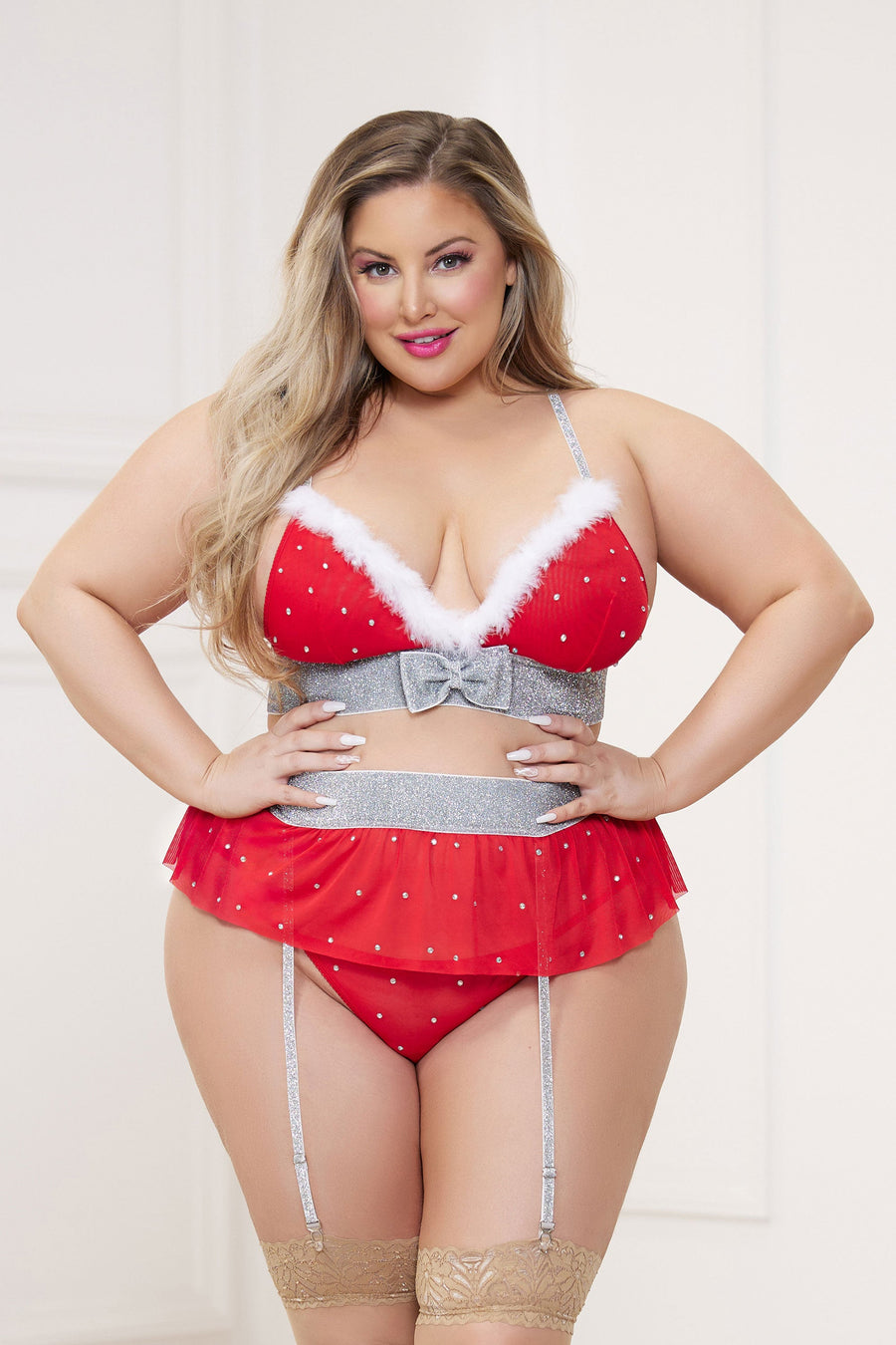 Three Piece Rhinestone Stud Bra With Marabou Trim and Garter Belt With Mesh Thong