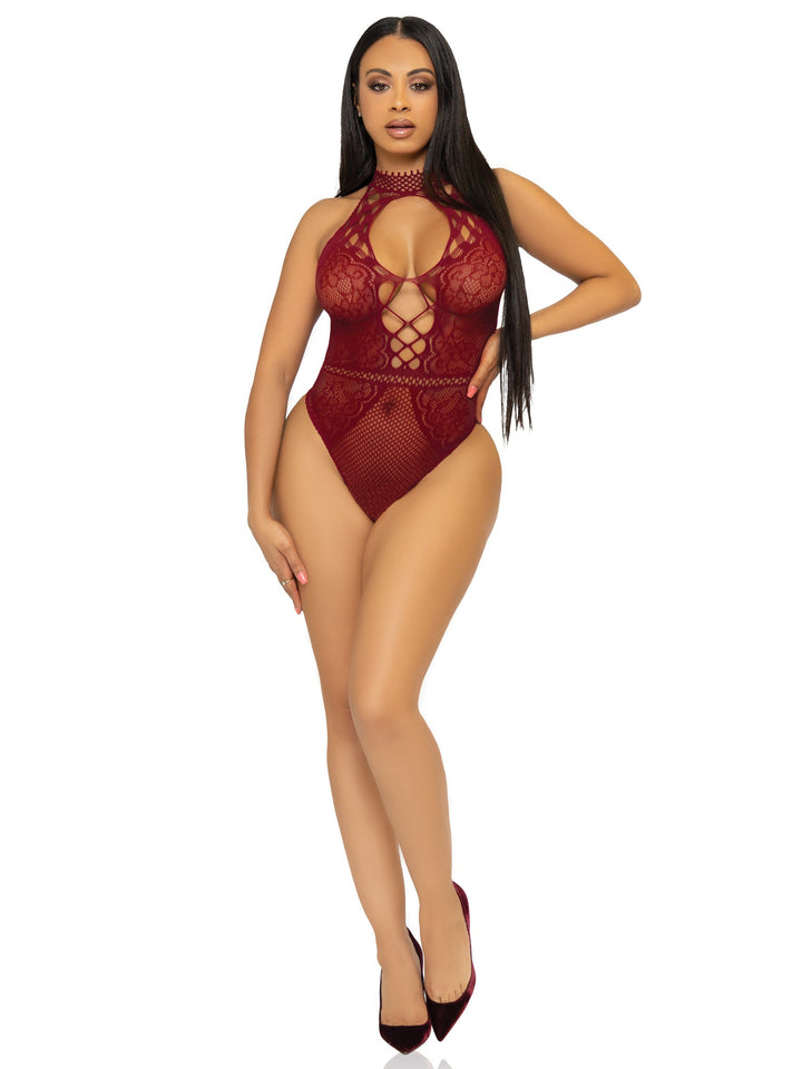 Net and Lace Keyhole Halter Bodysuit