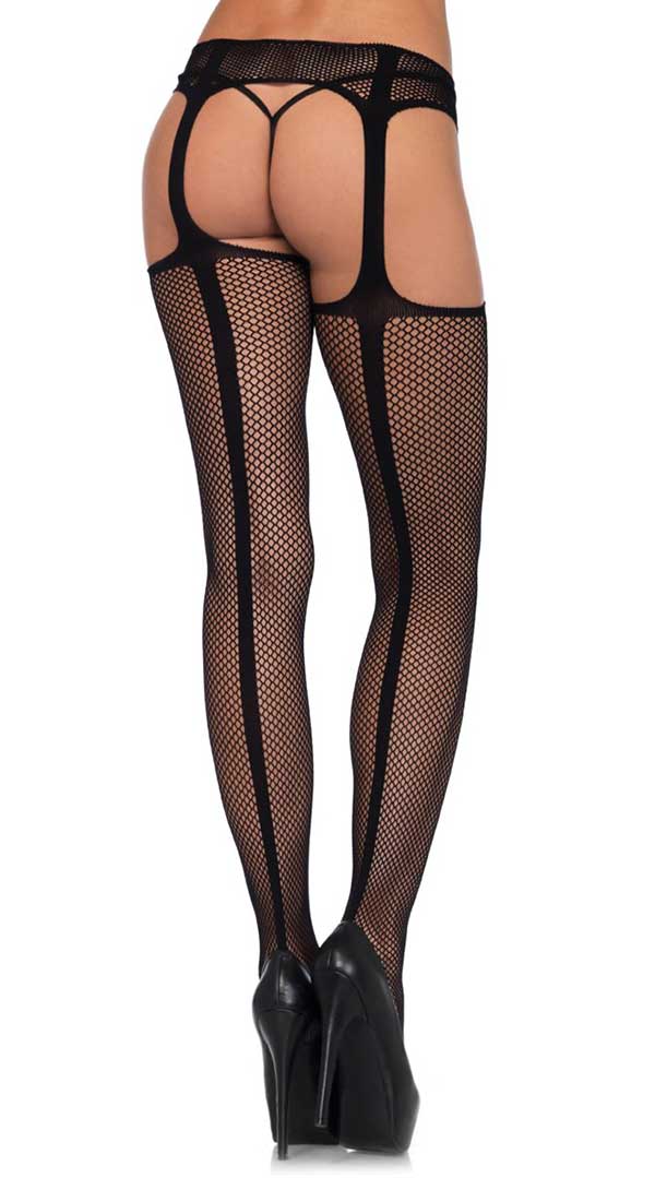 Faux Lace Up Dual Net Back Seam Stockings With Attached Garterbelt