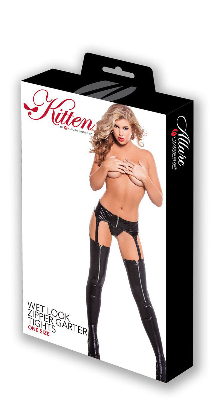 Two Piece Kitten Wet Look Zipper Garter Tights and G-String