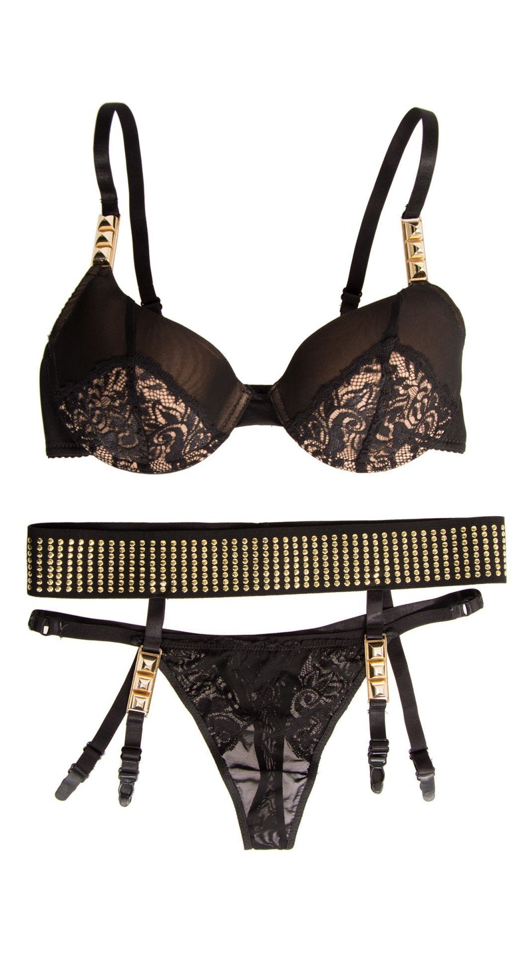 Three Piece Bra, Studded Garter and Thong Set