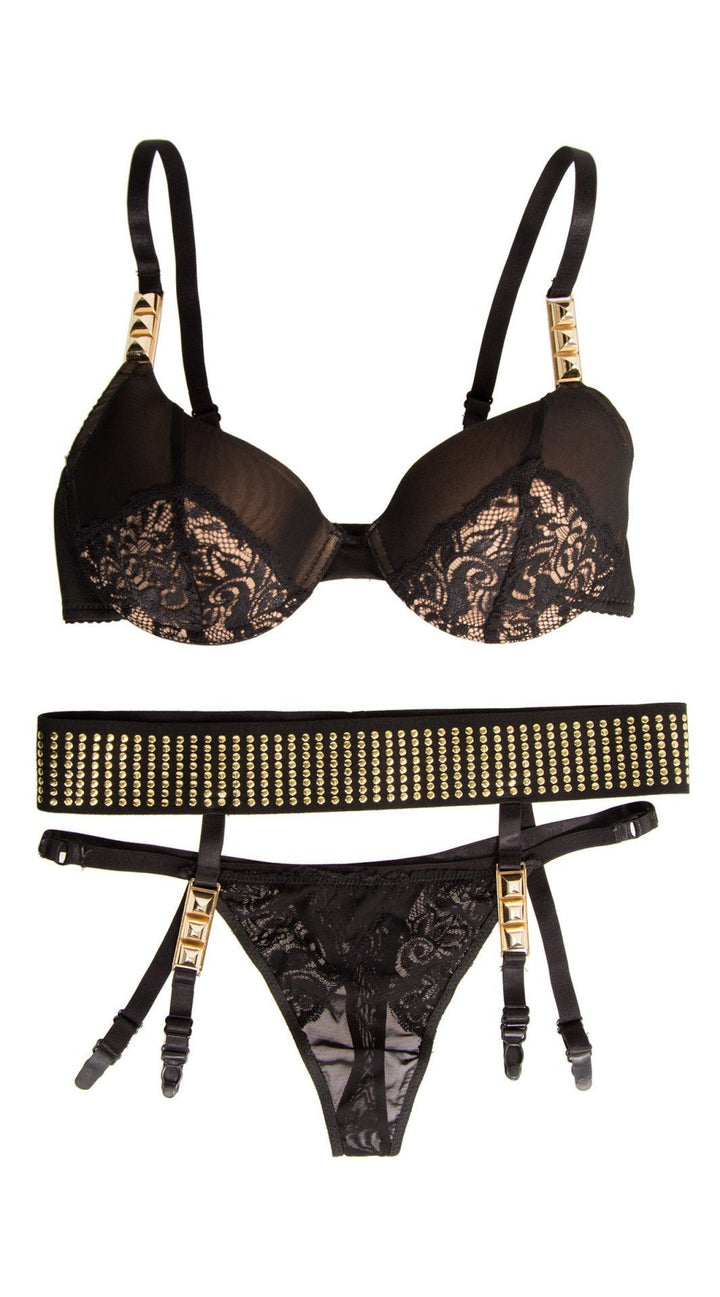 Three Piece Bra, Studded Garter and Thong Set