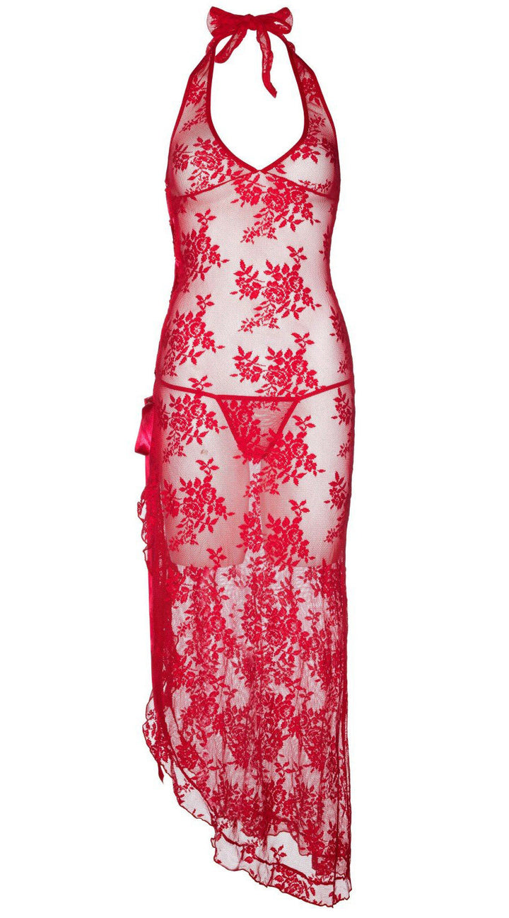 Two Piece Rose Lace High Slit Gown and G-String