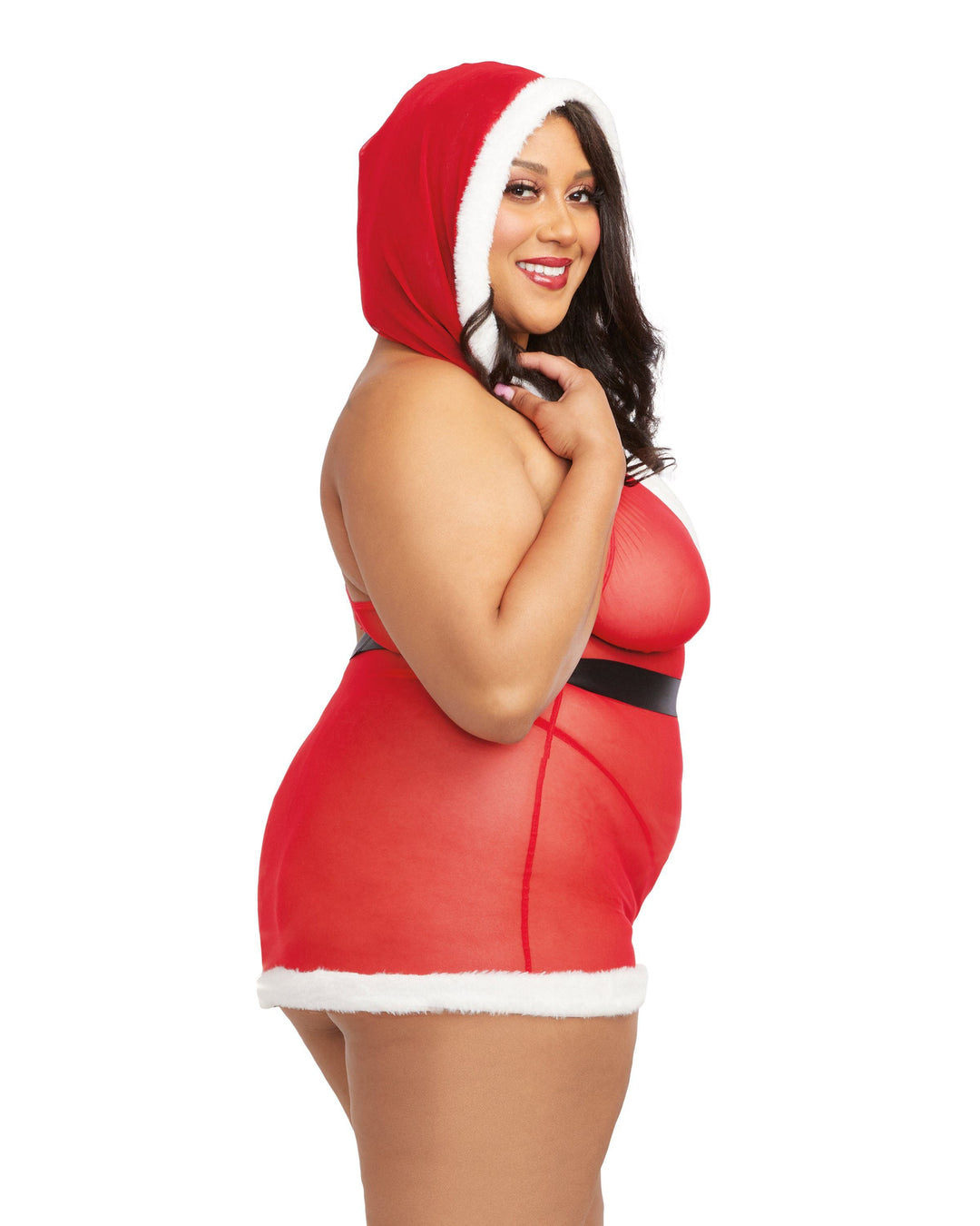 Stretch Mesh Santa Chemise Set with Hood and Faux Fur Trim