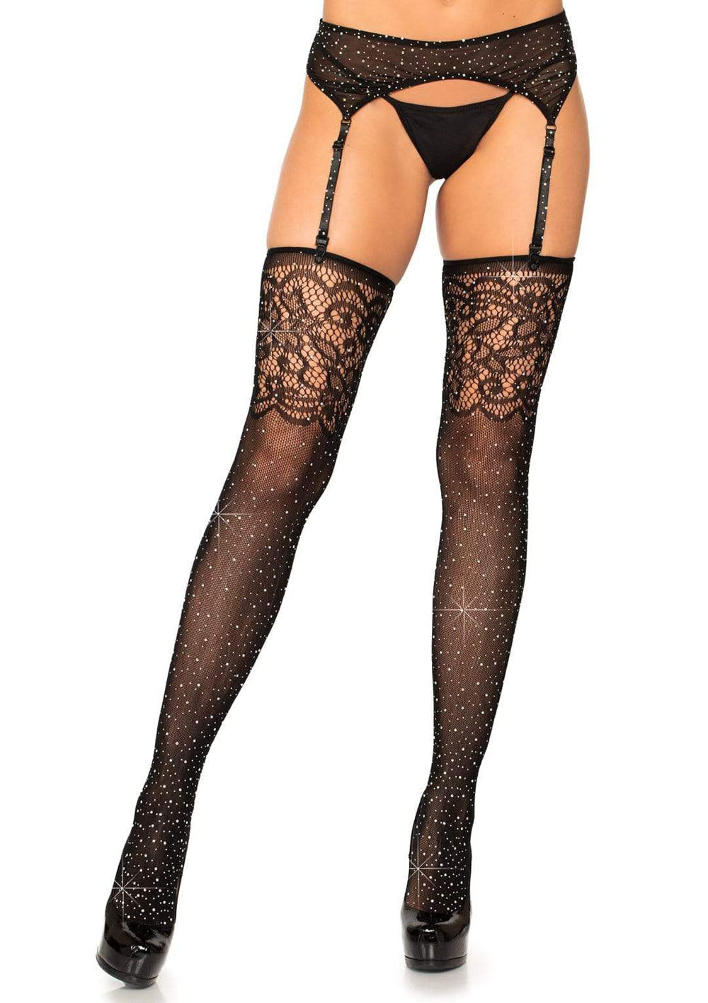 Seductive Rhinestone Lace Fishnet Stockings