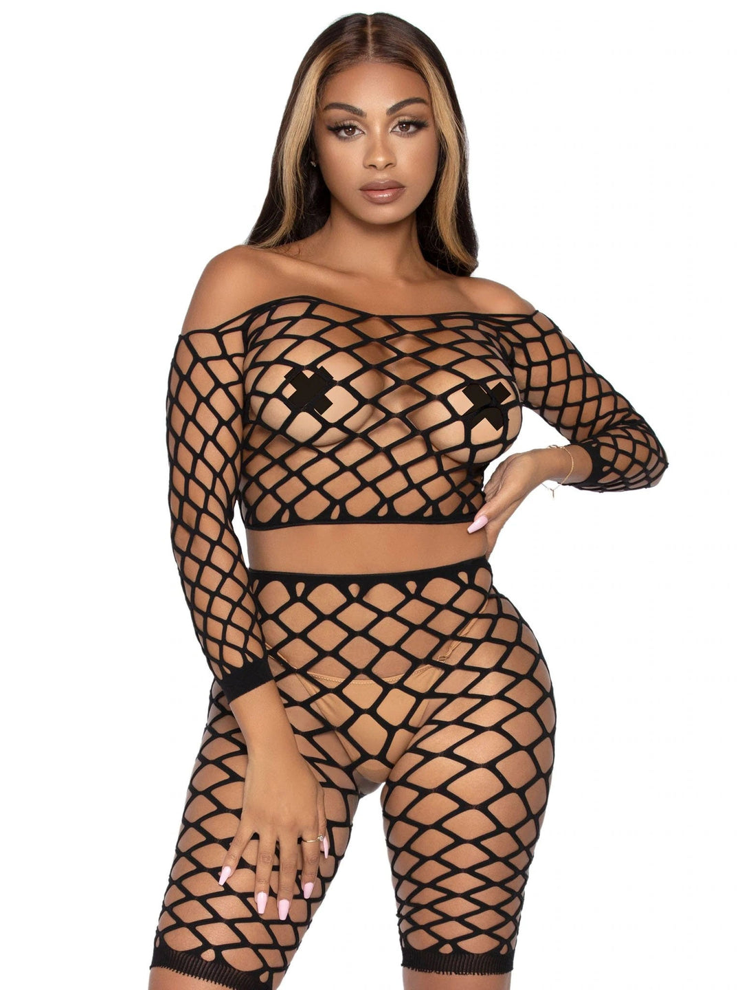 Sexy Fishnet Crop Top and High Waist Biker Shorts Set by Leg Avenue