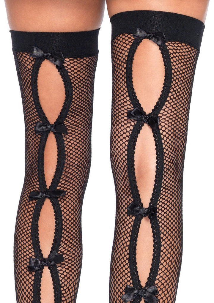 Spandex Fishnet Thigh Highs with Keyhole Bow Backseam