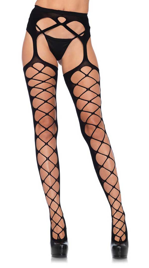 Diamond Net Opaque Stockings With Attached Garter