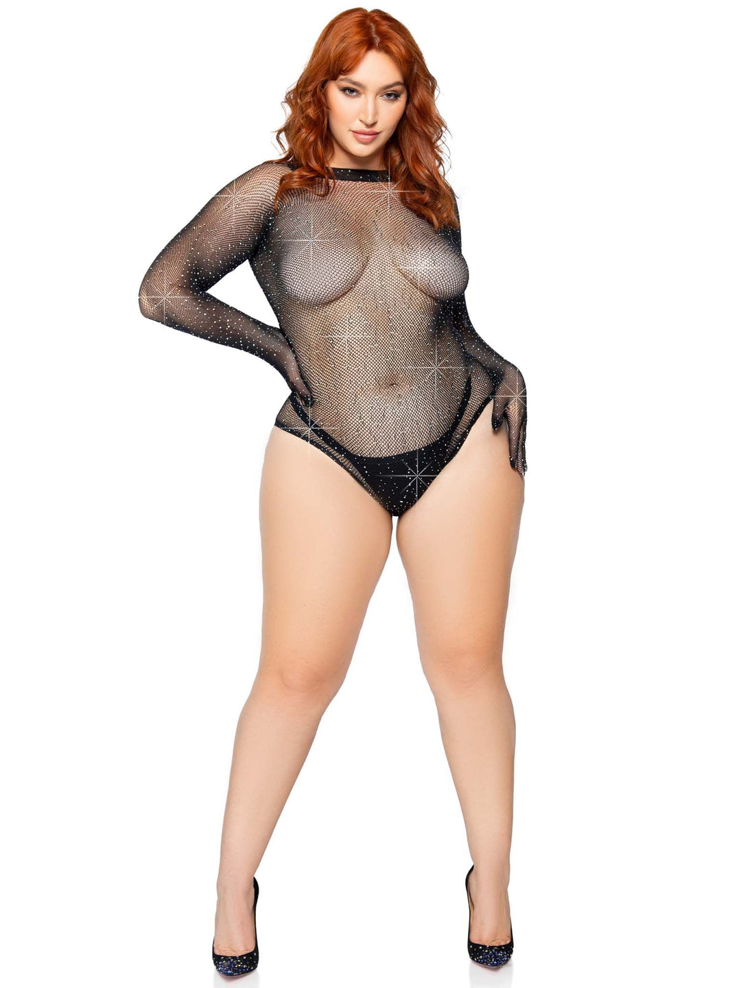 Rhinestone Gloved Fishnet Plus Size Bodysuit - Feel Like a Bombshell!