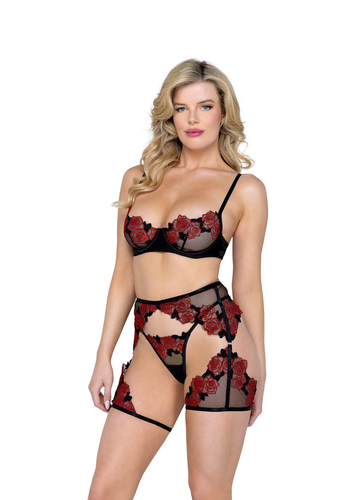 Rosa Bella Embroidered Three Piece Lingerie Set