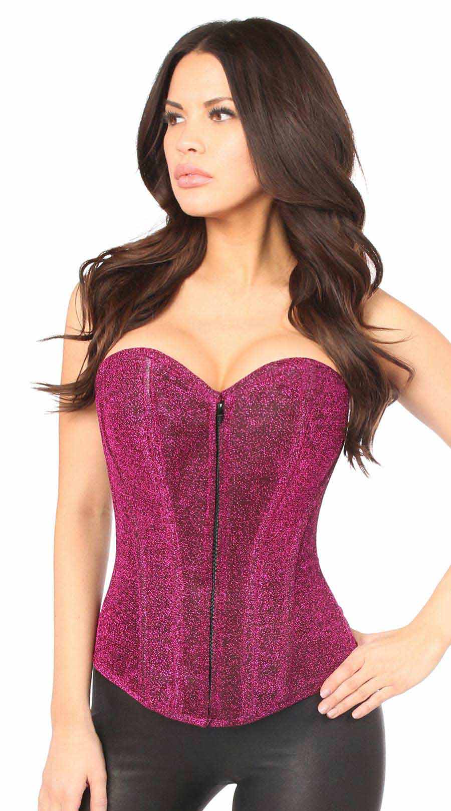 Glitter Front Zipper Corset in Fuchsia