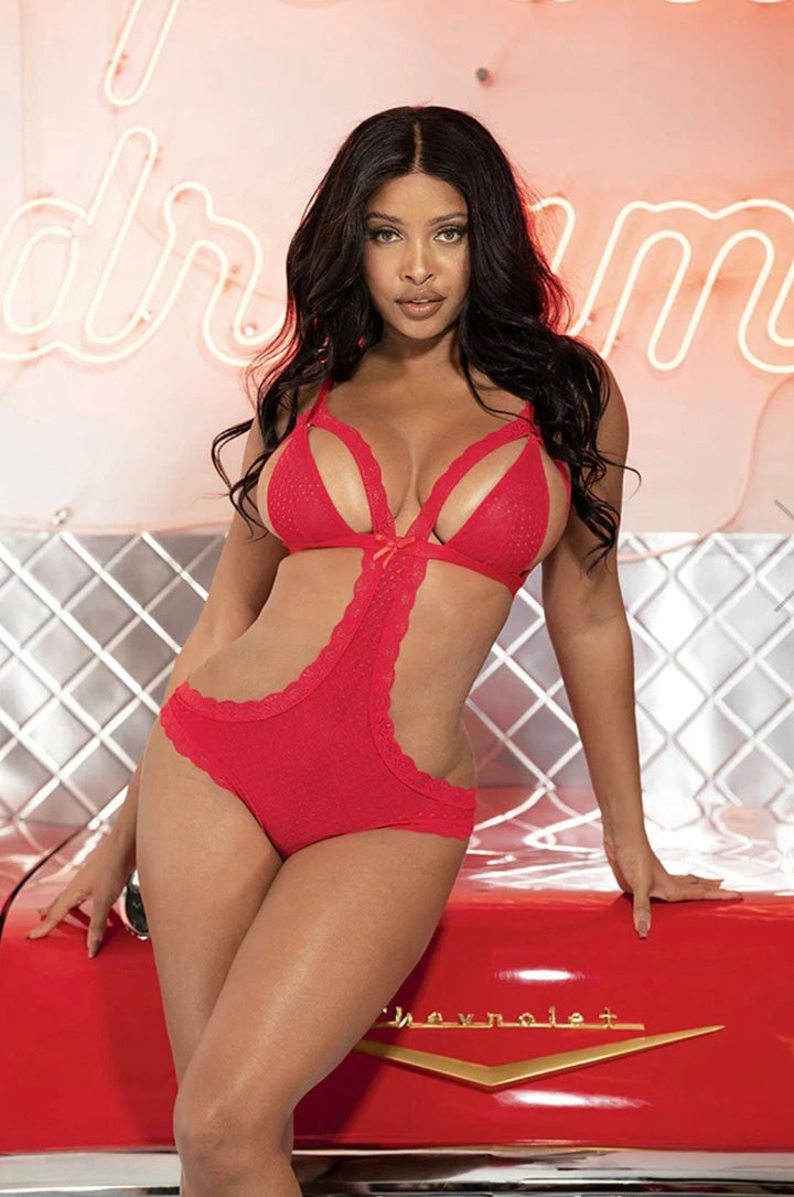 Fun and Flirty Stretch Mesh and Lace Peek-a-Boo Teddy