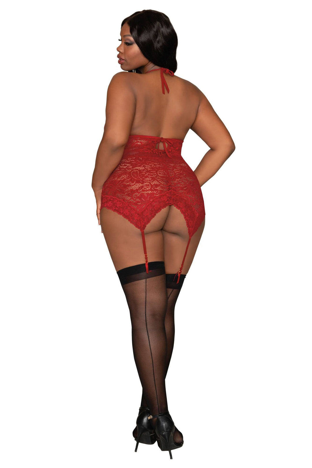 Plus-Size Lace Garter Slip with Zipper Detail & G-String