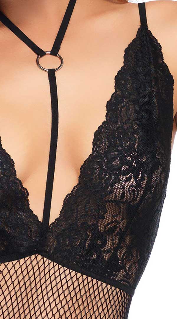 Net and Lace Backless Harness Halter Bodystocking