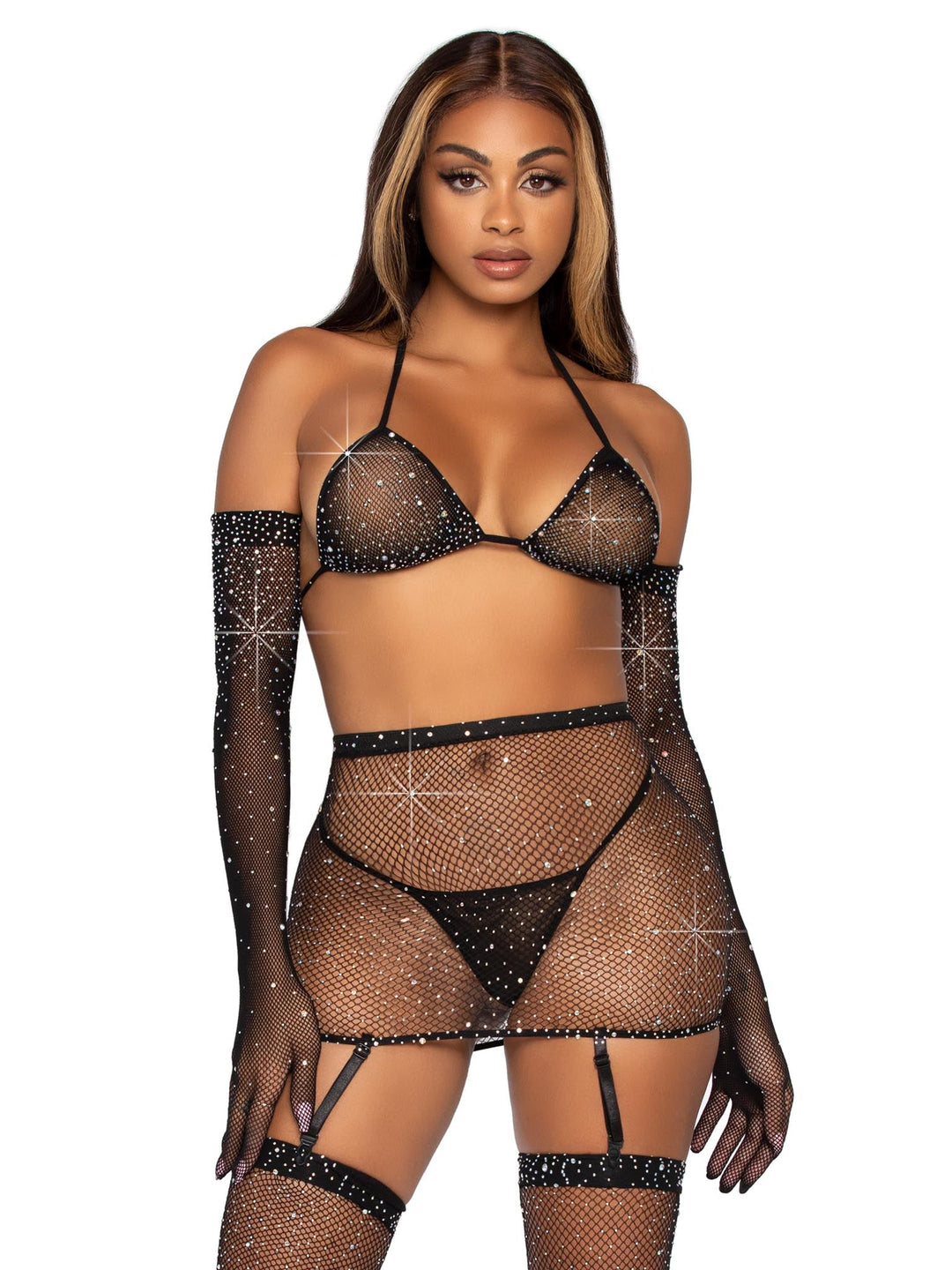 Rhinestone Fishnet Lingerie Set: Sparkle and Shine in this Sexy Five-Piece Ensemble!