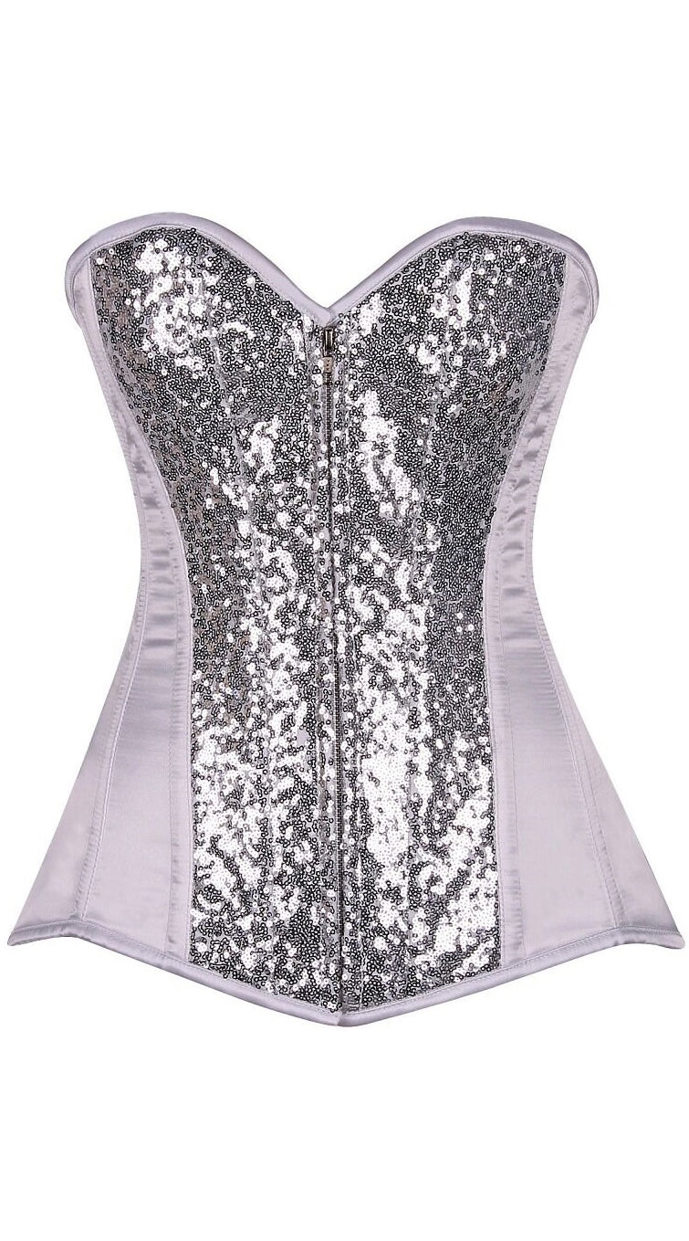 Sequin Steel Boned Corset in White/Silver