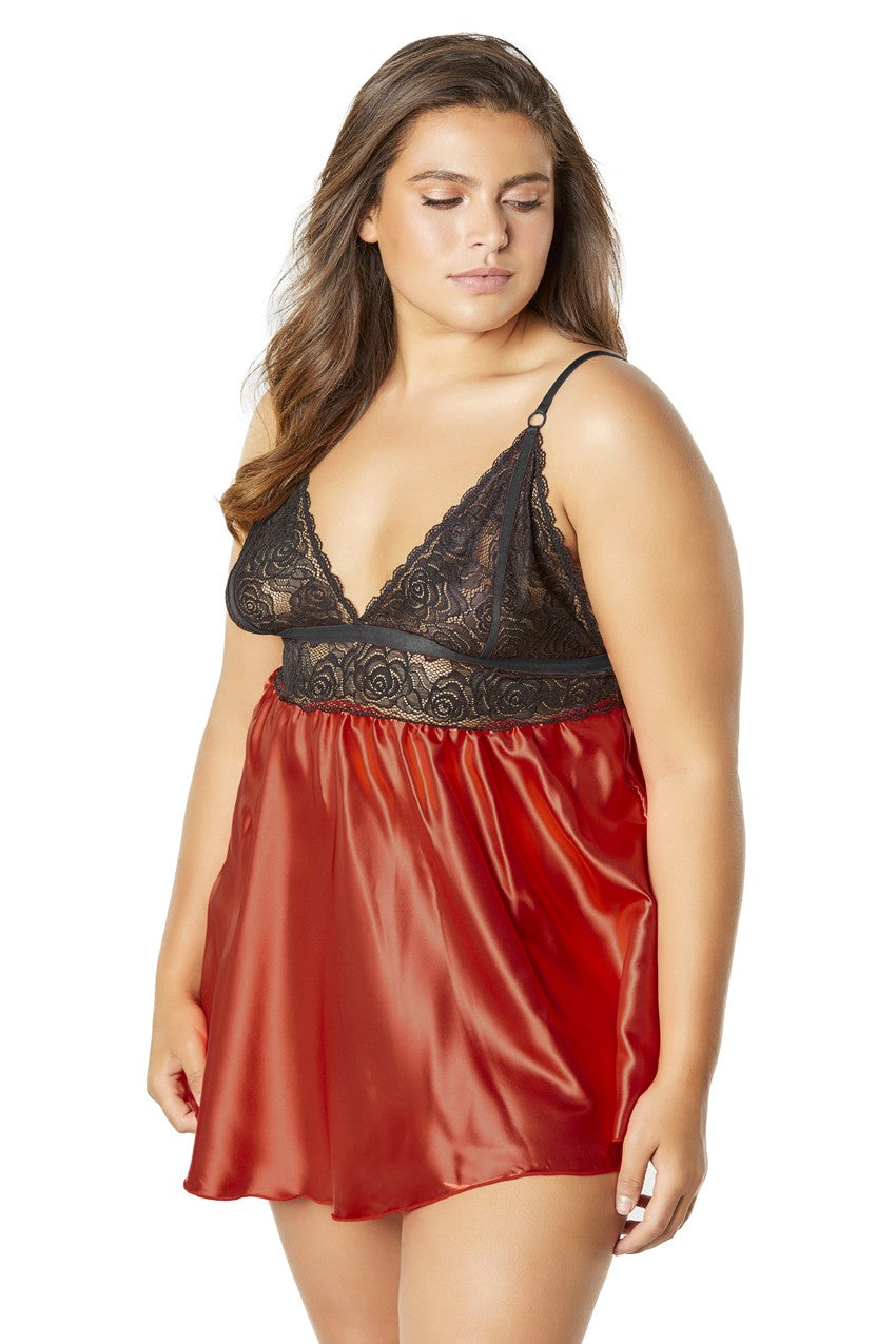 Lace Cup Satin Empire Body Babydoll With Contrast Color Piping + G-String