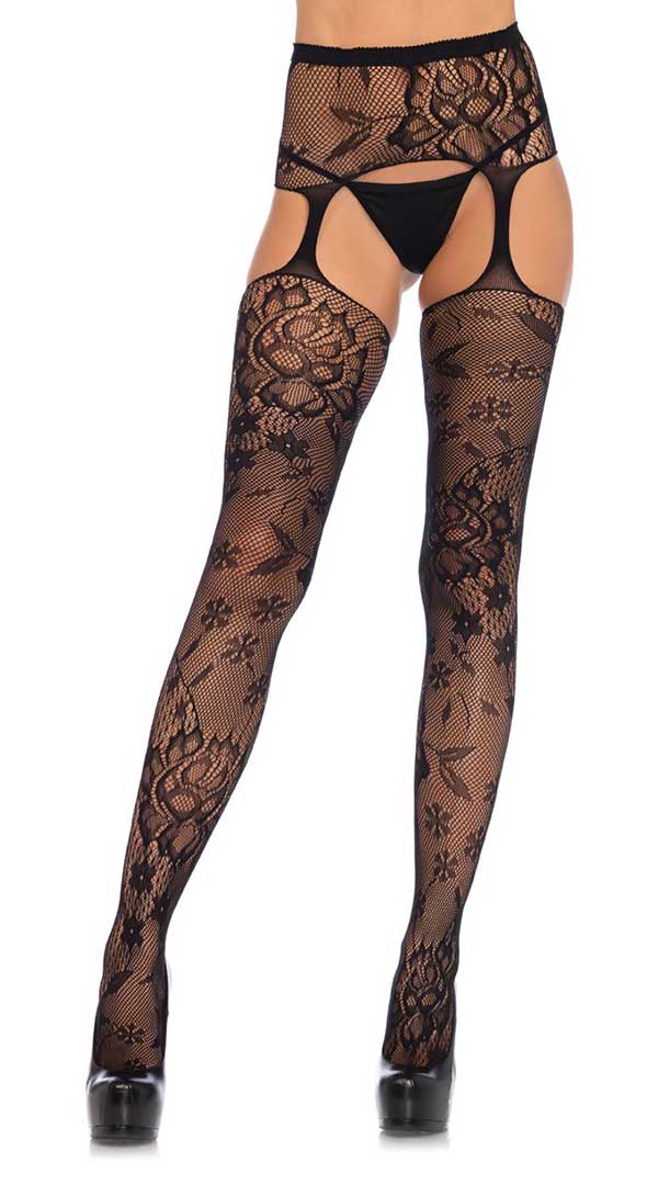 Floral Lace Stockings With Attached Waist Garterbelt