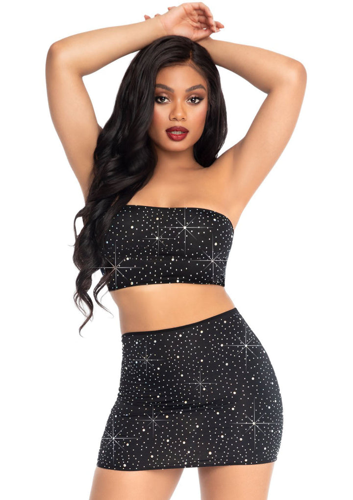 Spandex Rhinestone Bandeau and Mini Skirt: Unleash Your Inner Seductress!