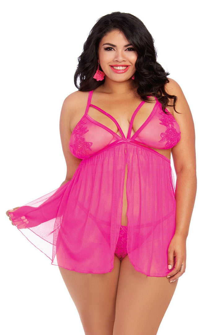 Stretch Mesh Fly-A-Way Front Babydoll and G-String Set - Queen Size, Hot Pink