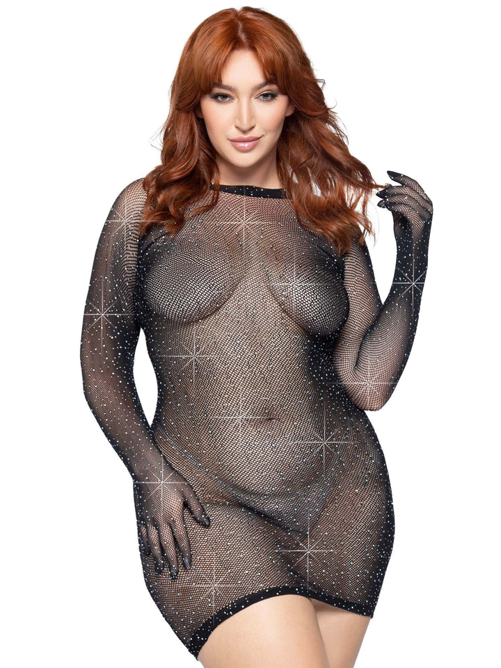 Rhinestone Glam Fishnet Plus Size Lingerie Dress