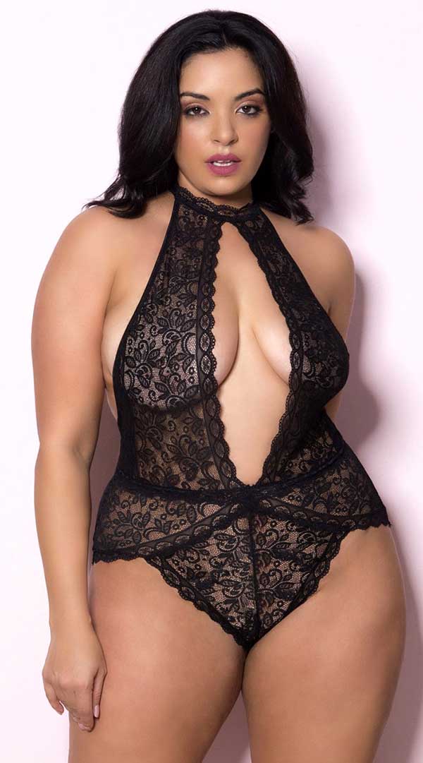 Soft Lace Collared Teddy With Front Keyhole and Open Back