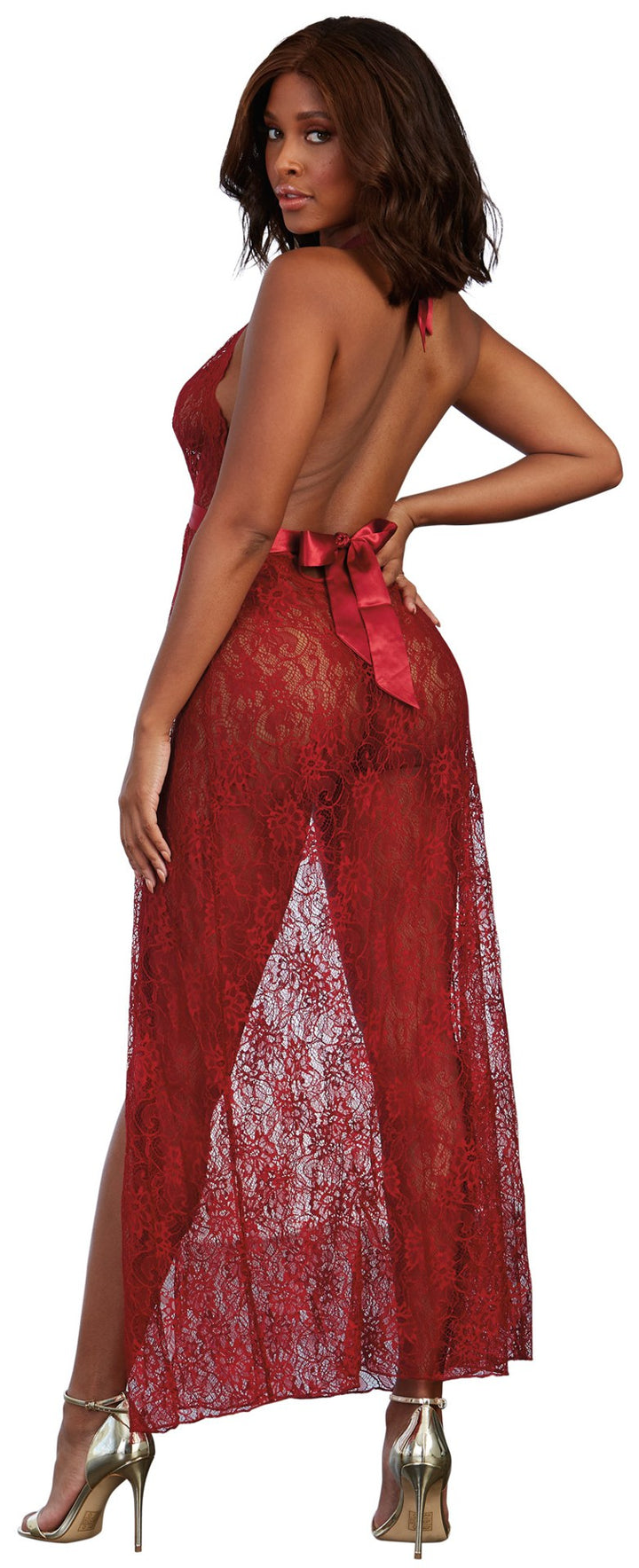 Delicate Lace Plunge Gown with Satin Tie Waist and Coordinating G-String