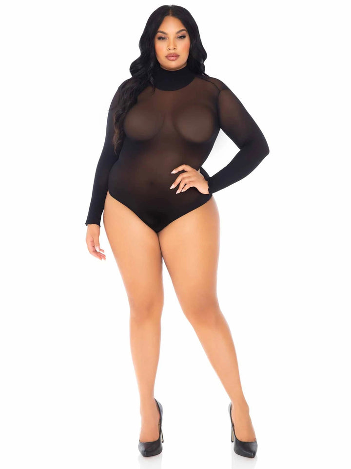 Semi-Opaque High Neck Bodysuit with Snap Crotch - Curvy Size