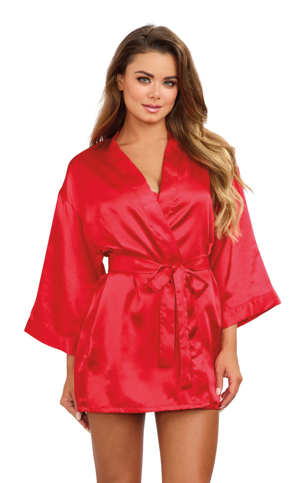 Sexy Charmeuse Kimono Robe and Chemise Set with Padded Hanger - Red