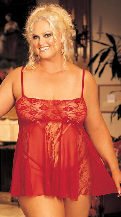 Two Piece Stretch Lace and Sheer Net Babydoll Set