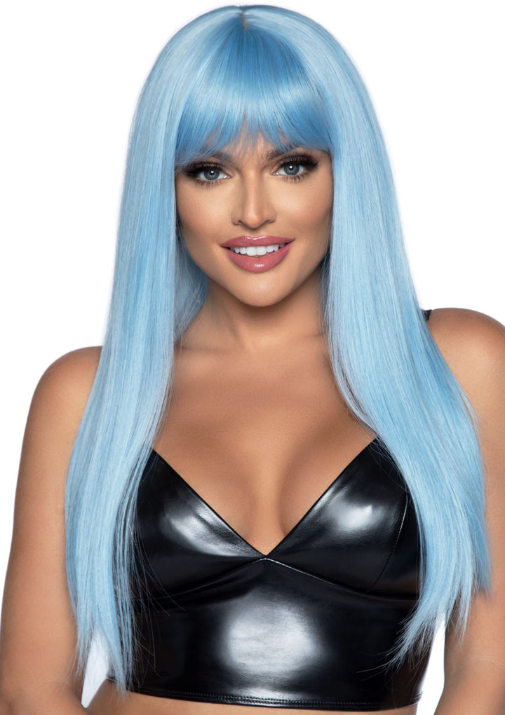 24" Long Pastel Blue Straight Wig with Bangs