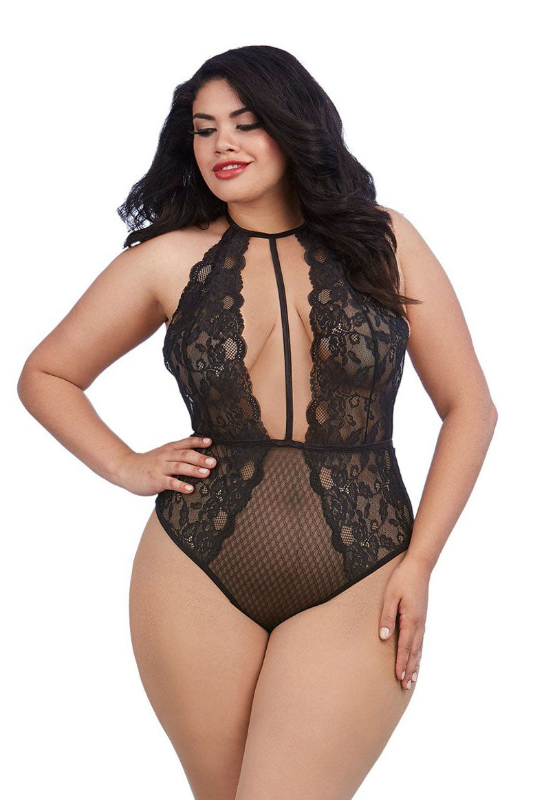 Stretch Lace and Mesh Collared Teddy: Plunge Front, Adjustable Fit, Curves Accentuated.