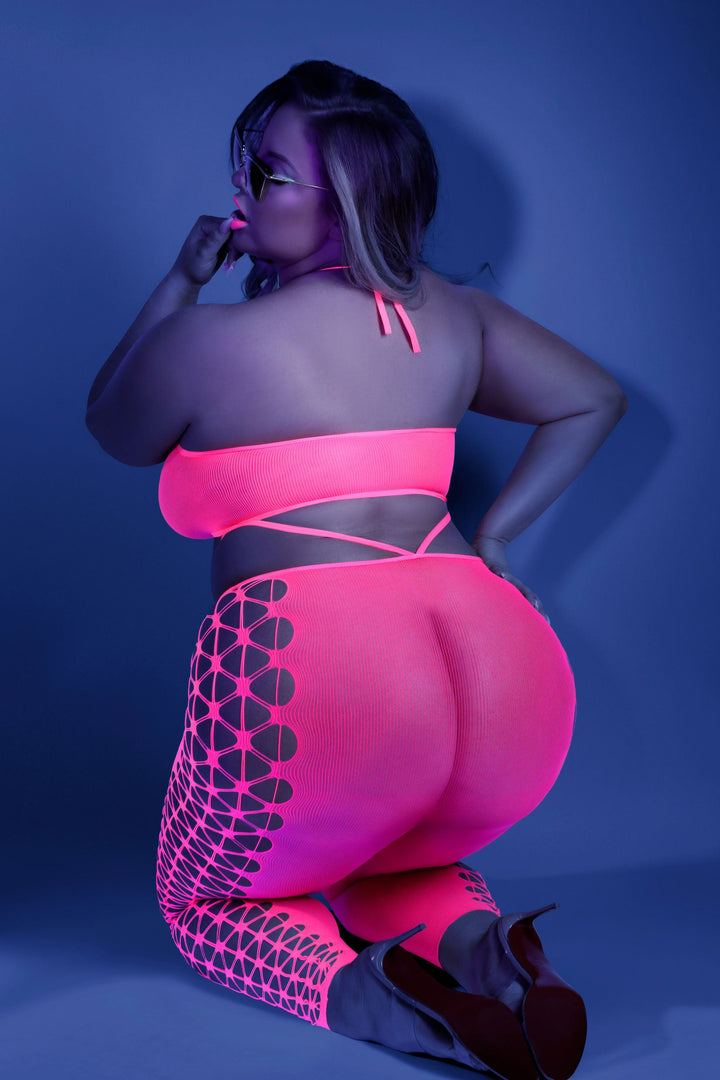 Flirty and Fun High Neck Halter Bodystocking with Footless Tights - Queen Size
